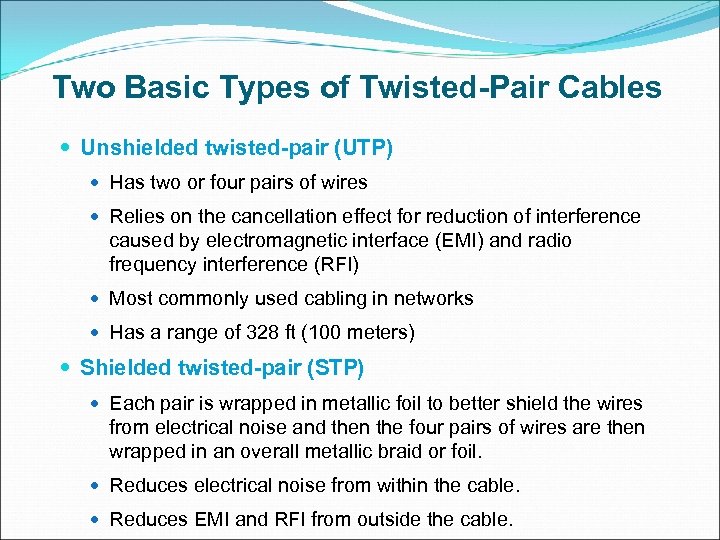 Two Basic Types of Twisted-Pair Cables Unshielded twisted-pair (UTP) Has two or four pairs