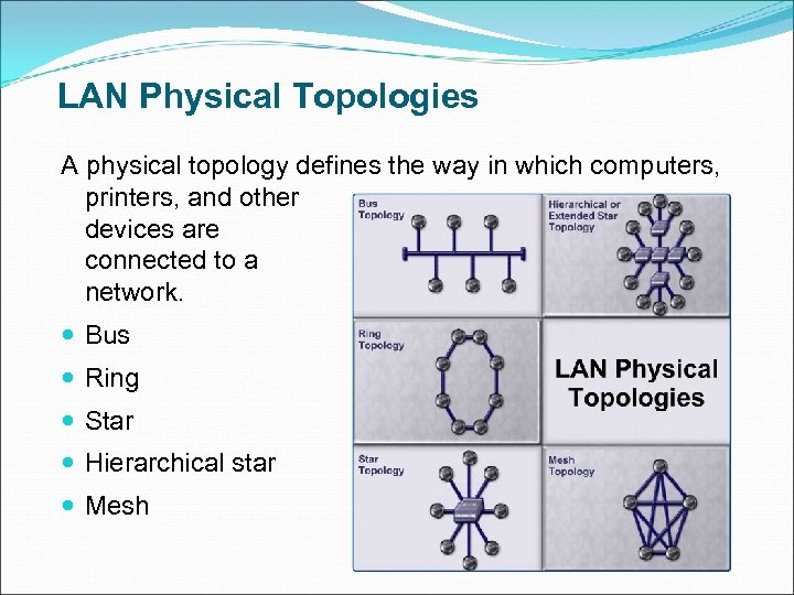LAN Physical Topologies A physical topology defines the way in which computers, printers, and