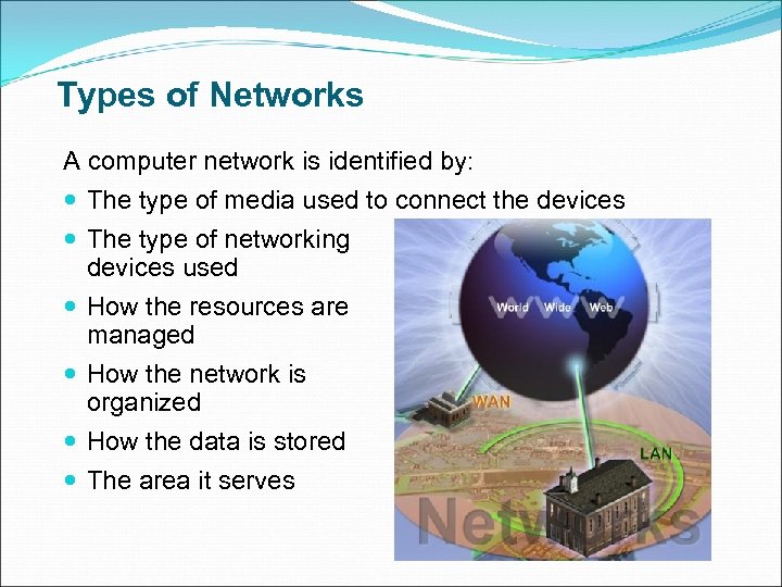 Types of Networks A computer network is identified by: The type of media used