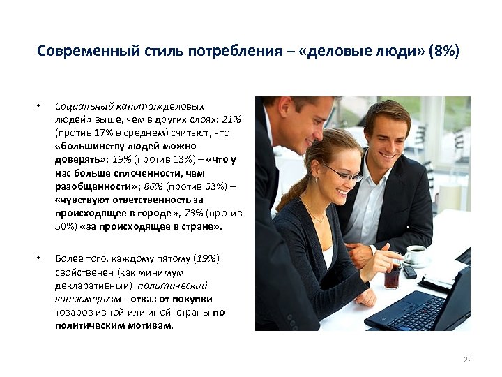 Современный стиль потребления – «деловые люди» (8%) • Социальный капитал «деловых людей» выше, чем