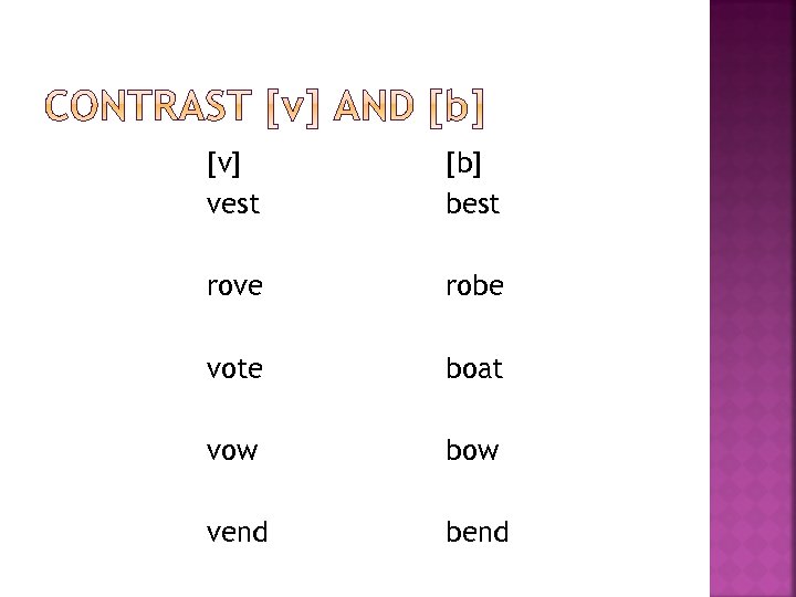 [v] vest [b] best rove robe vote boat vow bow vend bend 