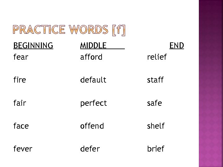 BEGINNING fear MIDDLE afford END relief fire default staff fair perfect safe face offend