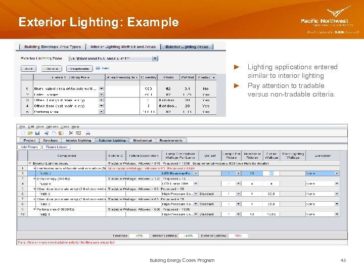 Exterior Lighting: Example Lighting applications entered similar to interior lighting Pay attention to tradable