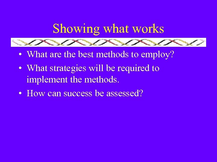 Showing what works • What are the best methods to employ? • What strategies