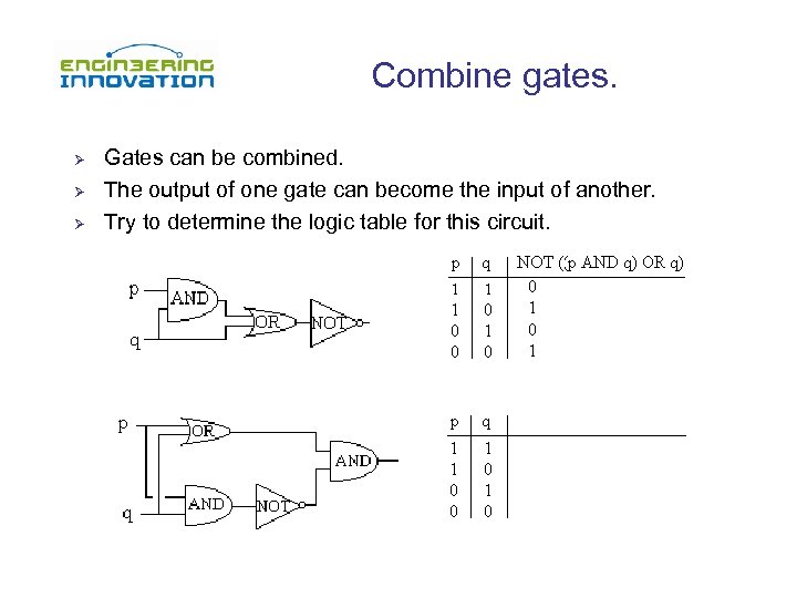 Combine gates. Ø Ø Ø Gates can be combined. The output of one gate