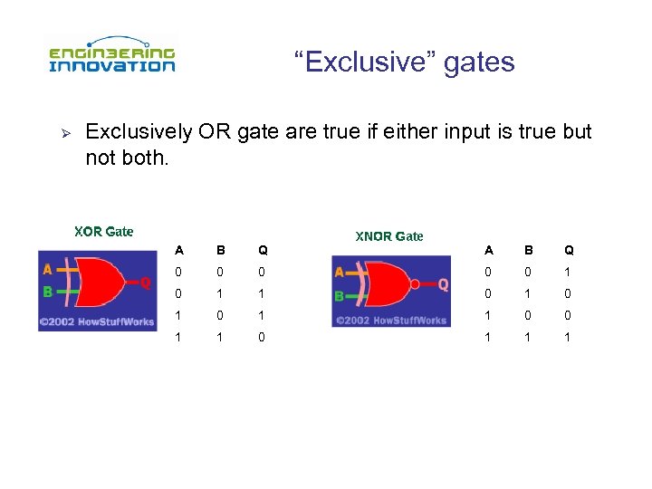 “Exclusive” gates Ø Exclusively OR gate are true if either input is true but