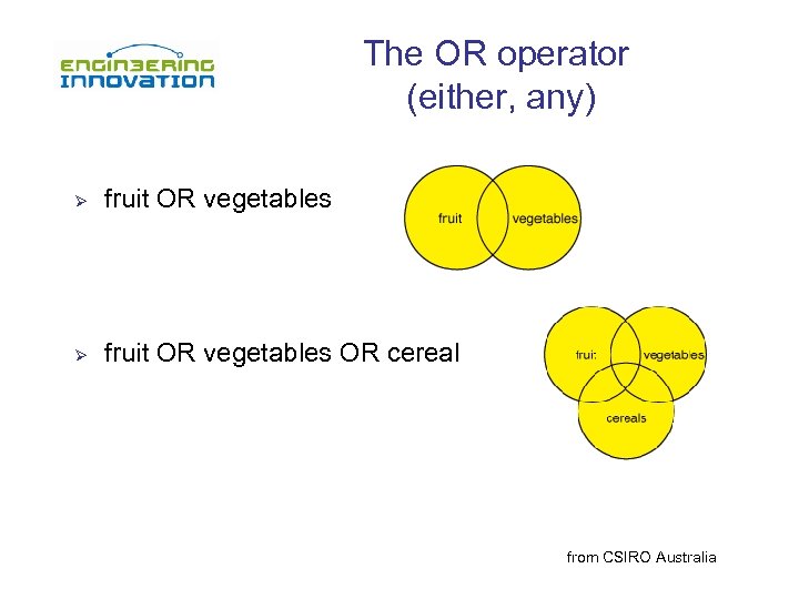 The OR operator (either, any) Ø fruit OR vegetables OR cereal from CSIRO Australia