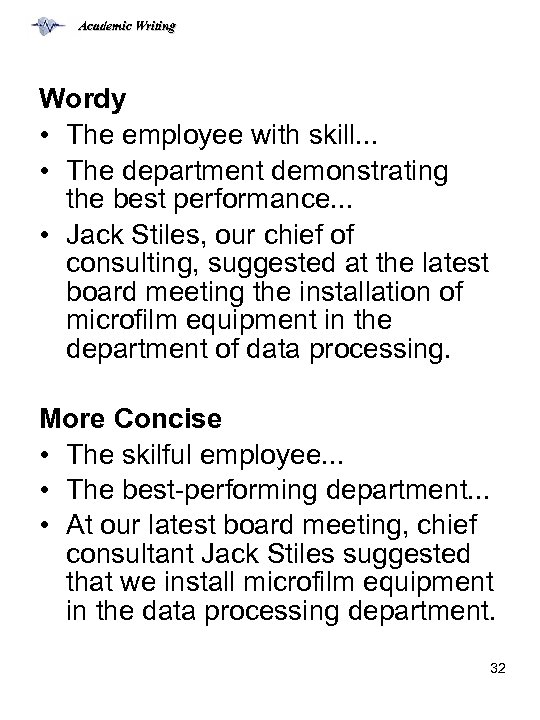 Academic Writing Wordy • The employee with skill. . . • The department demonstrating