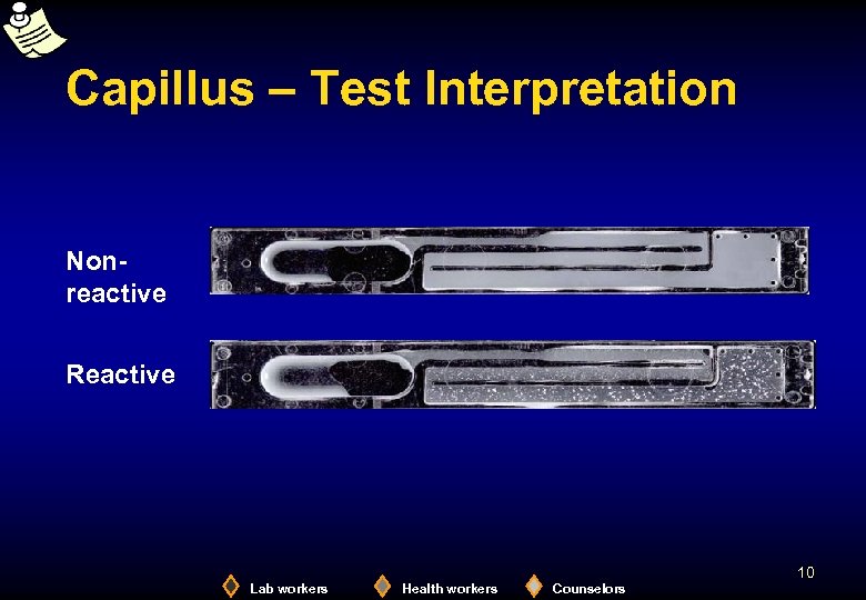 Capillus – Test Interpretation Nonreactive Reactive 10 Lab workers Health workers Counselors 