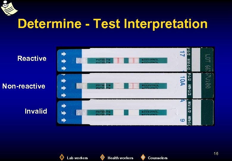 Determine - Test Interpretation Reactive Non-reactive Invalid 16 Lab workers Health workers Counselors 