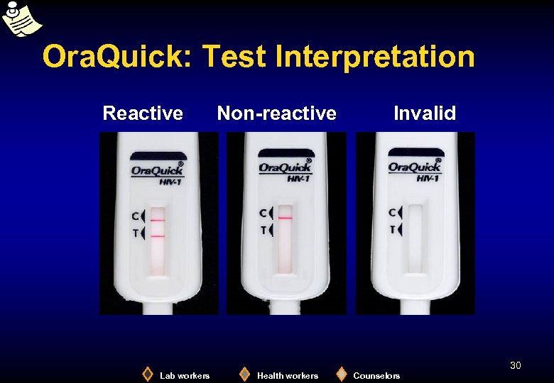 Ora. Quick: Test Interpretation Reactive Non-reactive Invalid 30 Lab workers Health workers Counselors 