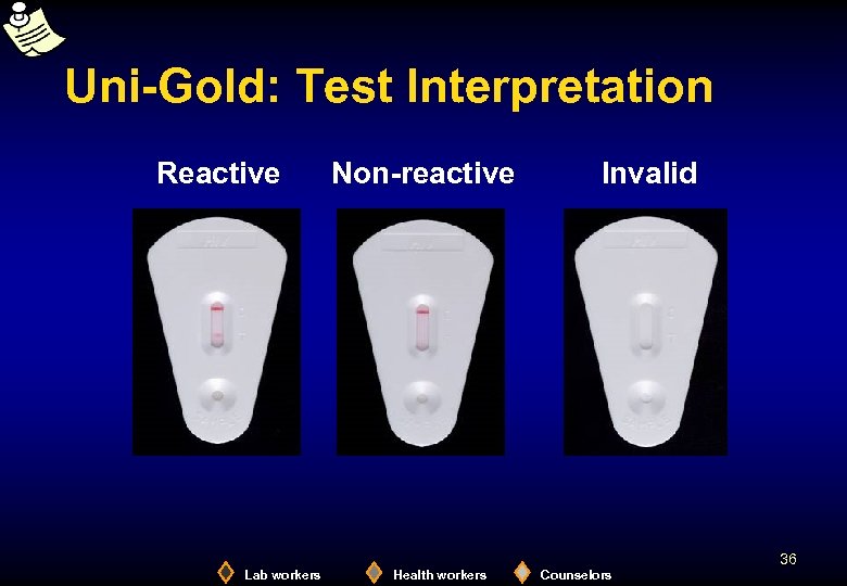 Uni-Gold: Test Interpretation Reactive Non-reactive Invalid 36 Lab workers Health workers Counselors 