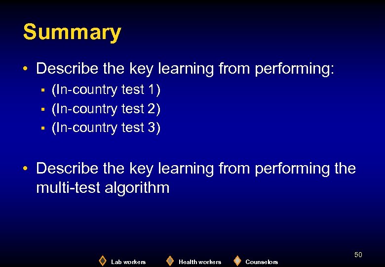 Summary • Describe the key learning from performing: § § § (In-country test 1)