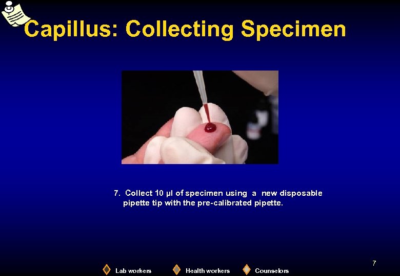 Capillus: Collecting Specimen 7. Collect 10 µl of specimen using a new disposable pipette