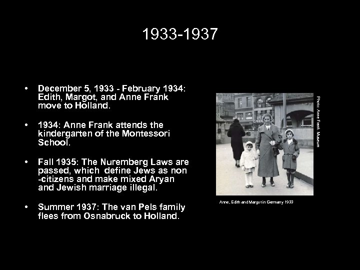 1933 -1937 December 5, 1933 - February 1934: Edith, Margot, and Anne Frank move