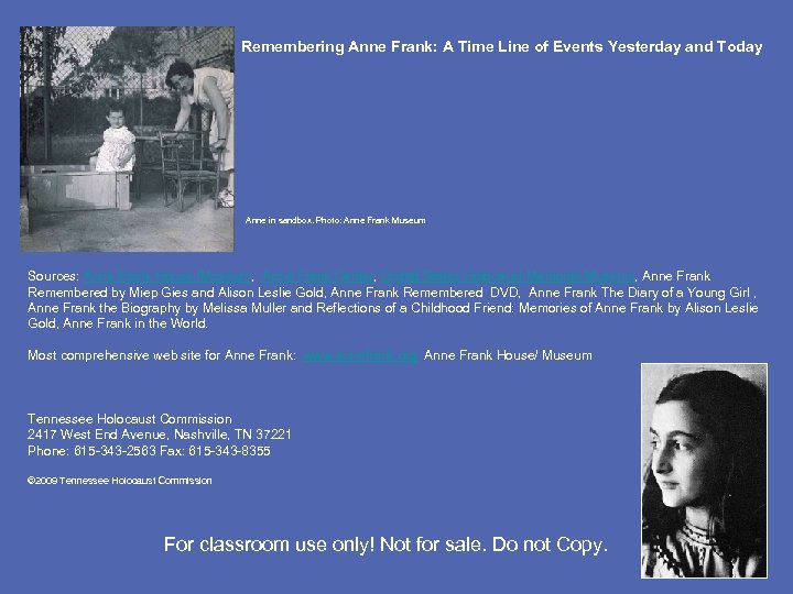 Remembering Anne Frank: A Time Line of Events Yesterday and Today Anne in sandbox.