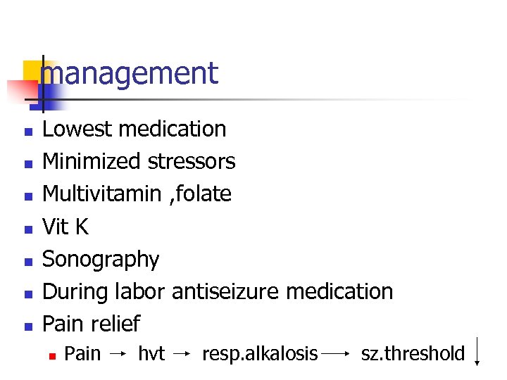 management n n n n Lowest medication Minimized stressors Multivitamin , folate Vit K