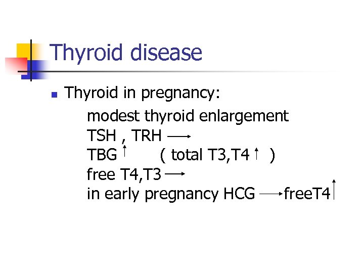 Thyroid disease n Thyroid in pregnancy: modest thyroid enlargement TSH , TRH TBG (