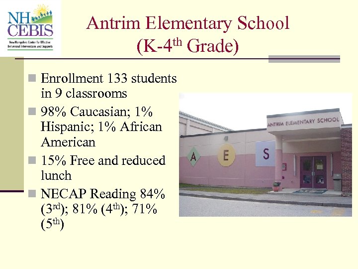 Antrim Elementary School (K-4 th Grade) n Enrollment 133 students in 9 classrooms n