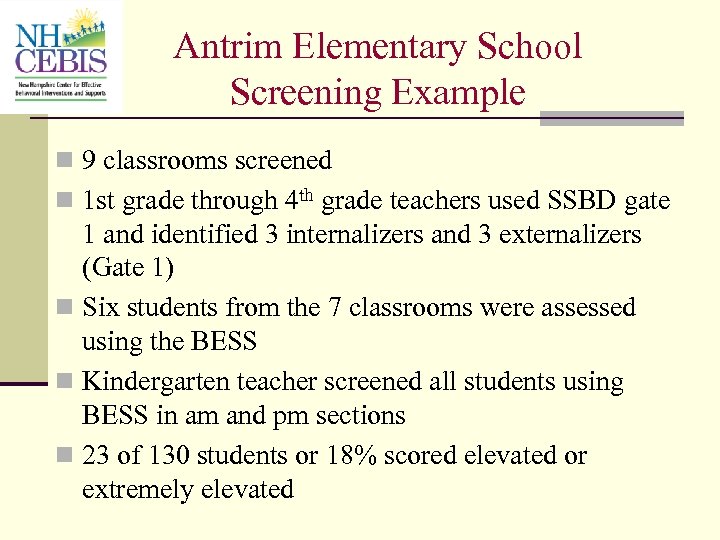 Antrim Elementary School Screening Example n 9 classrooms screened n 1 st grade through