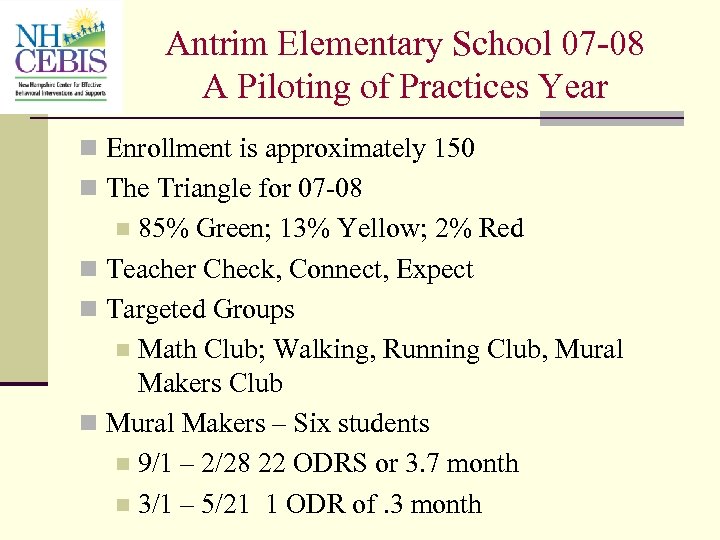 Antrim Elementary School 07 -08 A Piloting of Practices Year n Enrollment is approximately