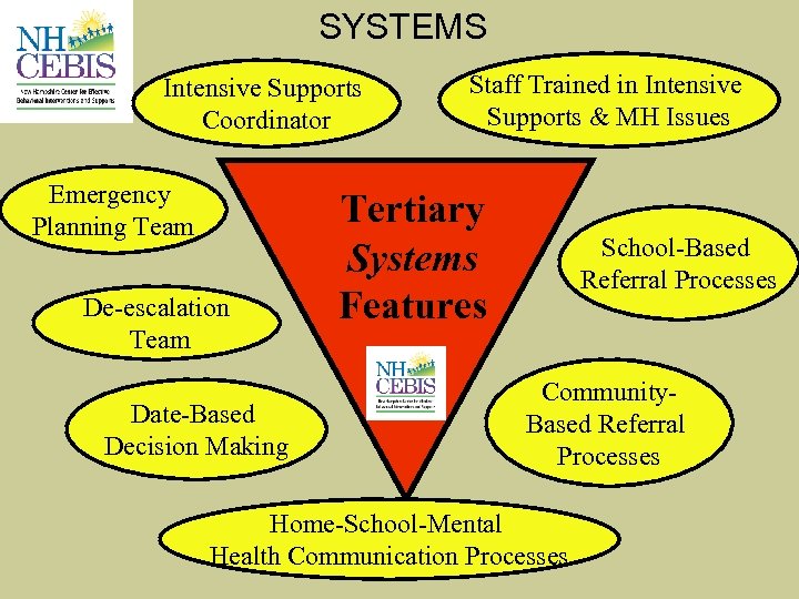 SYSTEMS Intensive Supports Coordinator Emergency Planning Team De-escalation Team Date-Based Decision Making Staff Trained