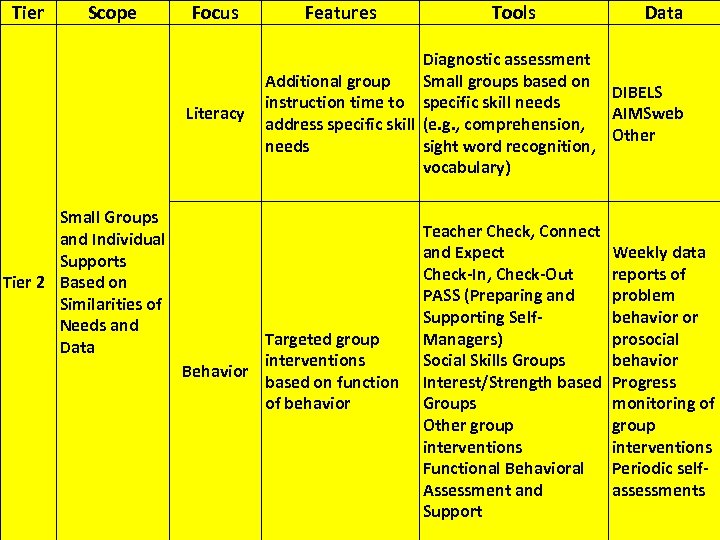 Tier Scope Focus Literacy Small Groups and Individual Supports Tier 2 Based on Similarities