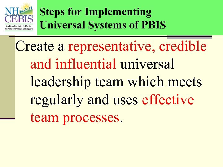 Steps for Implementing Universal Systems of PBIS Create a representative, credible and influential universal