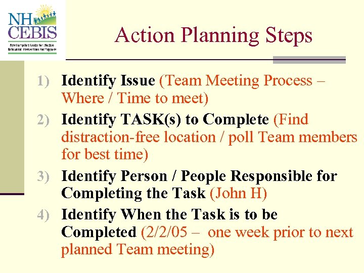 Action Planning Steps 1) Identify Issue (Team Meeting Process – Where / Time to