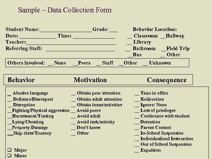 Sample – Data Collection Form Student Name: __________Grade: ___ Date: _______ Time: ________ Teacher: