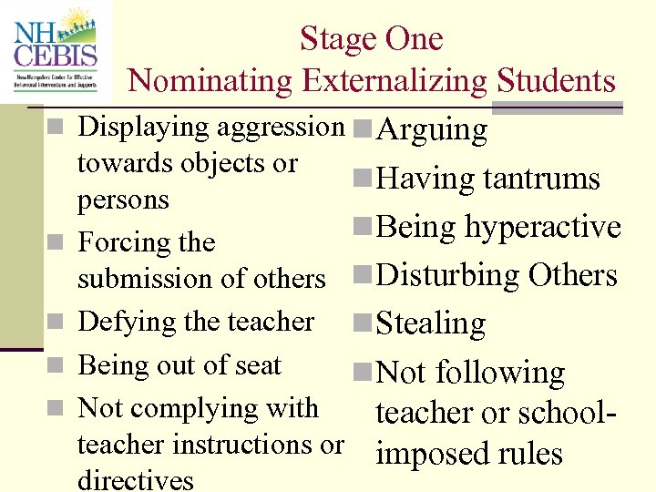 n n n Stage One Nominating Externalizing Students Displaying aggression n Arguing towards objects