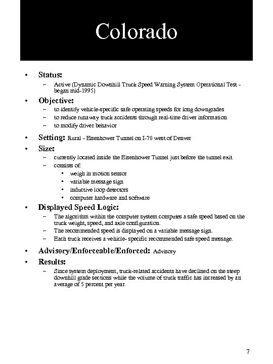 Colorado • Status: – • Objective: – – – • • Rural - Eisenhower