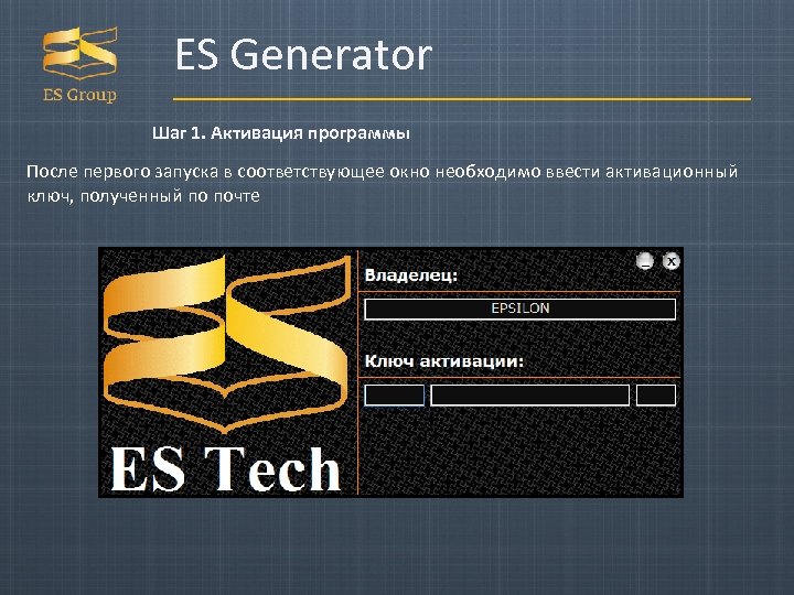 ES Generator Шаг 1. Активация программы После первого запуска в соответствующее окно необходимо ввести