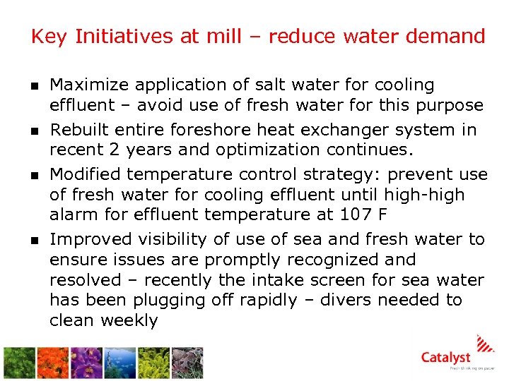 Key Initiatives at mill – reduce water demand n n Maximize application of salt