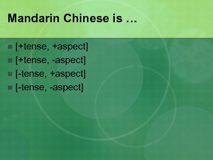Mandarin Chinese is … [+tense, +aspect] n [+tense, -aspect] n [-tense, +aspect] n [-tense,