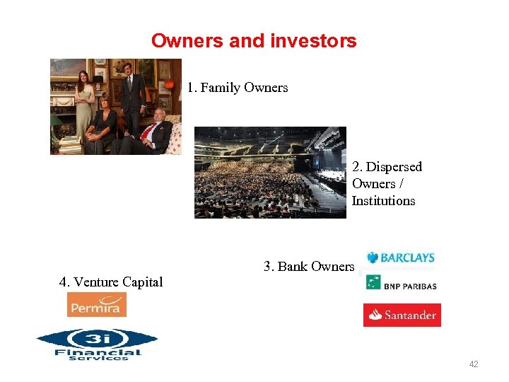 Owners and investors 1. Family Owners 2. Dispersed Owners / Institutions 4. Venture Capital