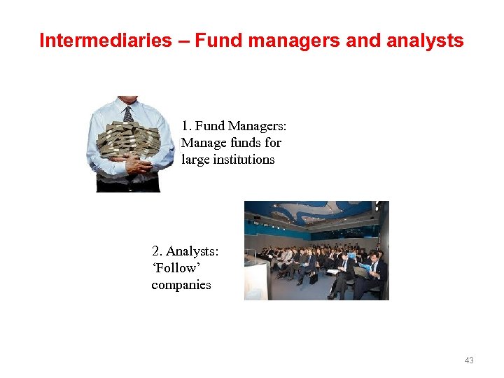 Intermediaries – Fund managers and analysts 1. Fund Managers: Manage funds for large institutions