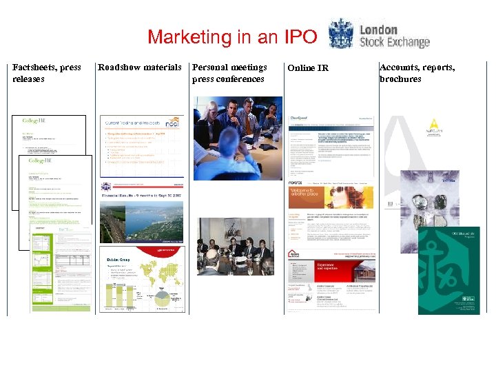 Marketing in an IPO Factsheets, press releases Roadshow materials Personal meetings press conferences Online