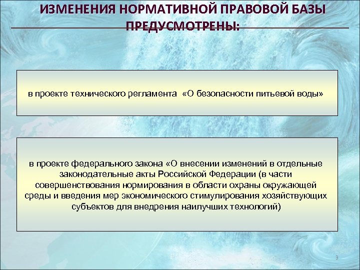 ИЗМЕНЕНИЯ НОРМАТИВНОЙ ПРАВОВОЙ БАЗЫ ПРЕДУСМОТРЕНЫ: в проекте технического регламента «О безопасности питьевой воды» в