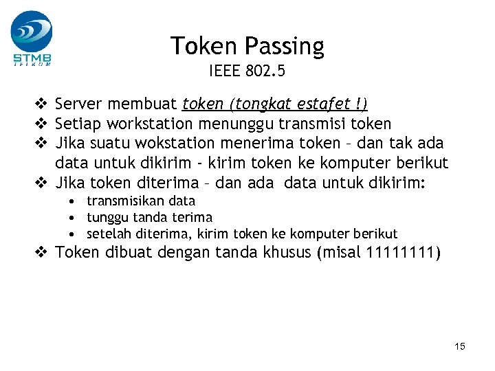 Token Passing IEEE 802. 5 v Server membuat token (tongkat estafet !) v Setiap