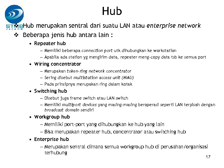 Hub v Hub merupakan sentral dari suatu LAN atau enterprise network v Beberapa jenis