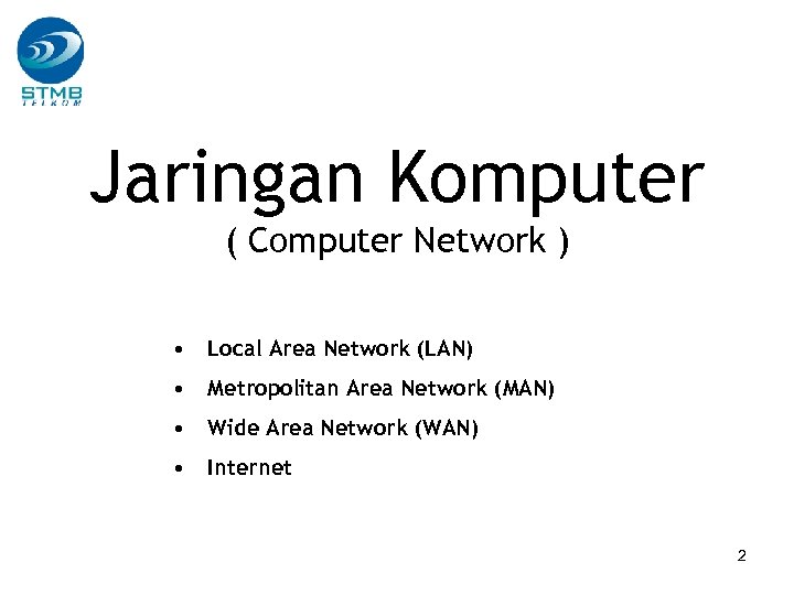 Jaringan Komputer ( Computer Network ) • Local Area Network (LAN) • Metropolitan Area