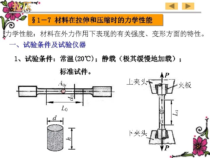 § 1－7 材料在拉伸和压缩时的力学性能：材料在外力作用下表现的有关强度、变形方面的特性。 一、试验条件及试验仪器 1、试验条件：常温(20℃)；静载（极其缓慢地加载）； 标准试件。 h d 