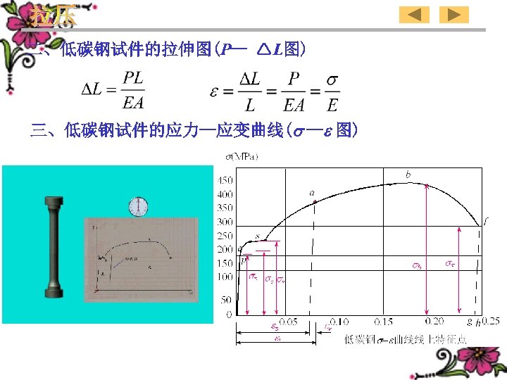 二、低碳钢试件的拉伸图(P-- L图) 三、低碳钢试件的应力--应变曲线( -- 图) 