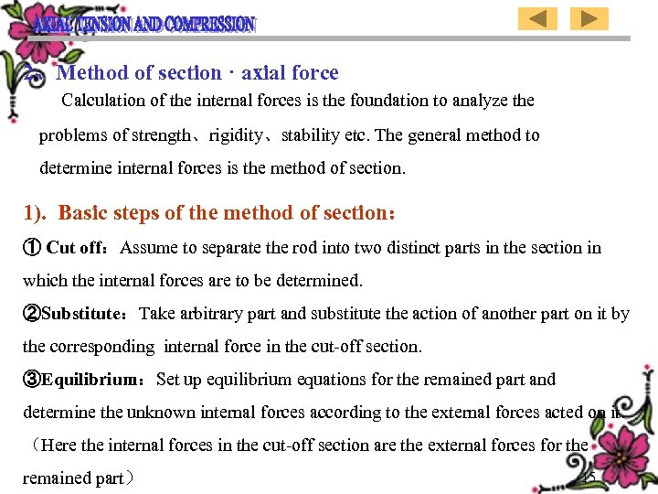 2、Method of section · axial force Calculation of the internal forces is the foundation