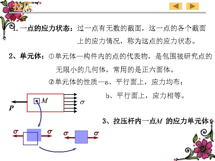 补充：　　　　　 1. 一点的应力状态：过一点有无数的截面，这一点的各个截面 上的应力情况，称为这点的应力状态。 2、单元体： 单元体—构件内的点的代表物，是包围被研究点的 无限小的几何体，常用的是正六面体。 单元体的性质—a、平行面上，应力均布； P M b、平行面上，应力相等。 3、拉压杆内一点M 的应力单元体: 　　　　　