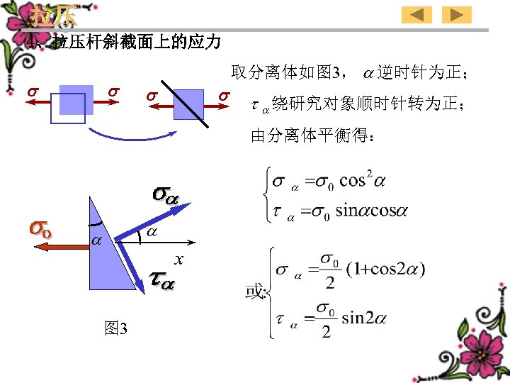 4、拉压杆斜截面上的应力 取分离体如图 3， 逆时针为正； t 绕研究对象顺时针转为正； 由分离体平衡得： x 图 3 