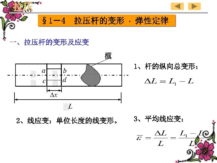 § 1－4 拉压杆的变形 弹性定律 一、拉压杆的变形及应变　　　　　 a c 1、杆的纵向总变形： b d L 2、线应变：单位长度的线变形。 3、平均线应变： 