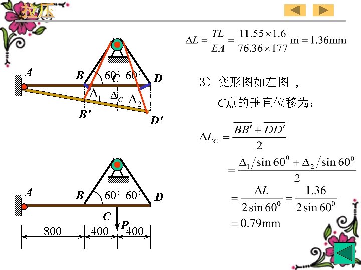 A B 60° D C C点的垂直位移为： B' A B 800 3）变形图如左图 , D' 60°