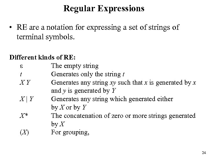 Regular Expressions • RE are a notation for expressing a set of strings of